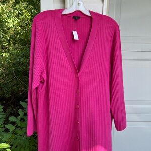 NWT Talbots Pretty Raspberry V-Neck Woven Stripe Long Sleeve Cardigan
